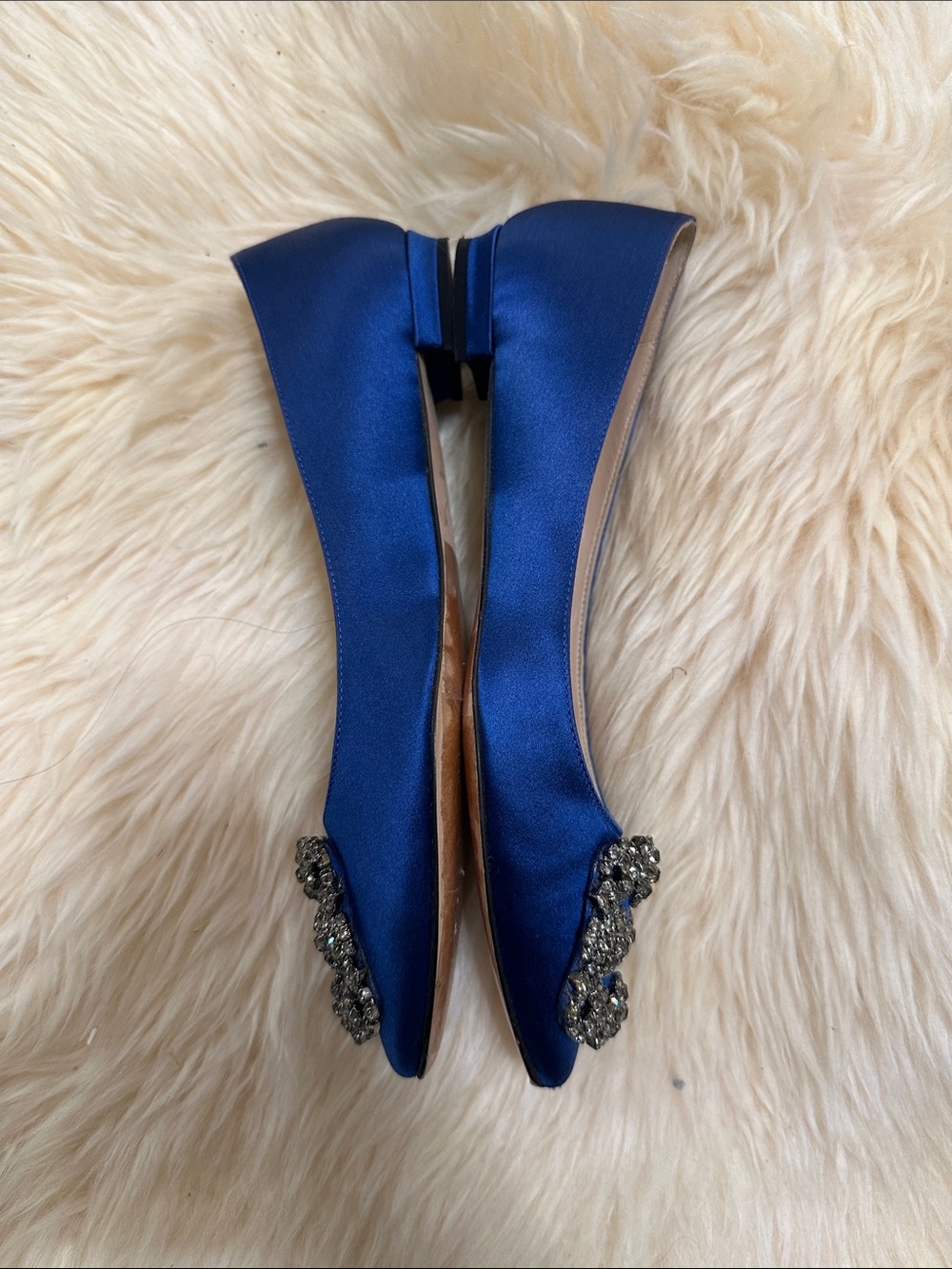 Manolo Blahnik Royal Blue Satin Pointed-Toe Flats with Crystal Buckles - Picture 2 of 7